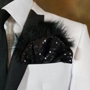 NEW Black Sequin Ruffle & Feather Pocket Square Insert